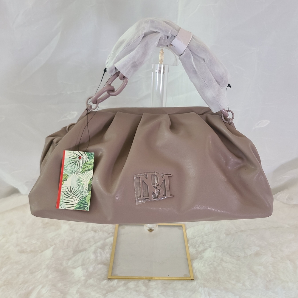 Badgley Mischka Vegan Leather Taupe Pleated Logo Shoulder Bag – NWT - Picture 2 of 10